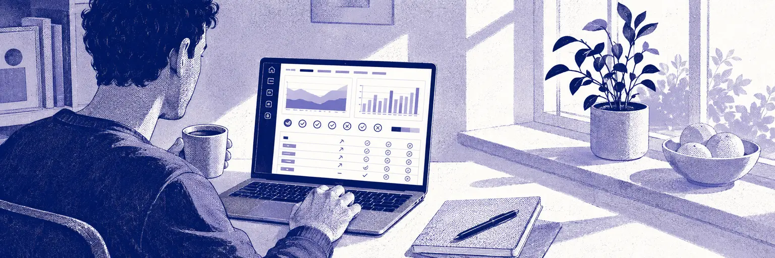 Illustration, over a coach's shoulder, of a client's check-in on a small laptop at a desk by a window: sleep and steps charts, habit ticks and crosses, and a weekly macros table