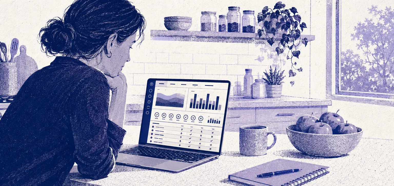 Illustration of a coach at a kitchen counter reading a client's check-in on a small laptop: sleep and steps charts, a row of habit ticks and crosses, and a weekly macros table