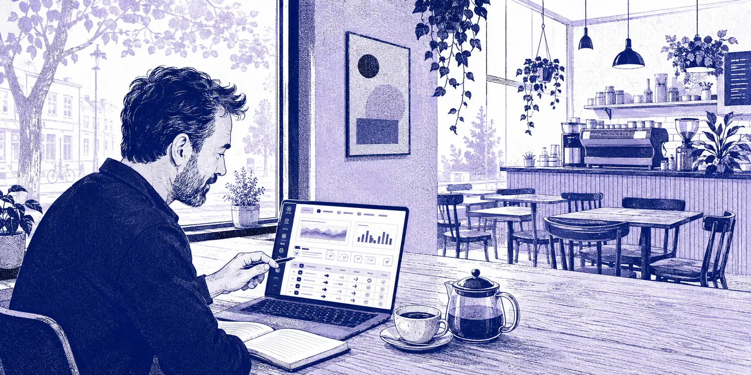 Illustration of a coach alone at a café table pointing a pen at a client's check-in on a small laptop: charts, a row of habit ticks and crosses, and a weekly macros table