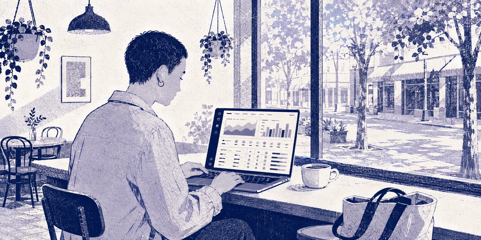 Illustration of a coach at a café window seat reviewing a client's check-in on a small laptop: charts, a row of habit ticks and crosses, and a weekly macros table