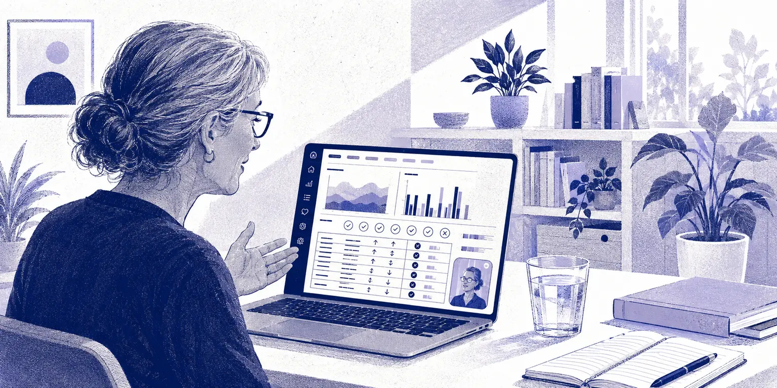 Illustration of a coach at a home office desk recording a video reply to a client's check-in, the charts and habit row on her laptop screen with her own face in a small self-view bubble
