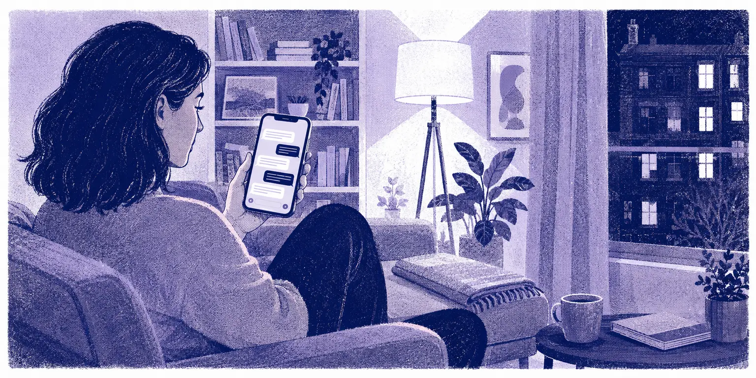 Illustration of a coach curled up on a sofa at night, reading a client's messages on her phone, the thread of replies visible on the screen
