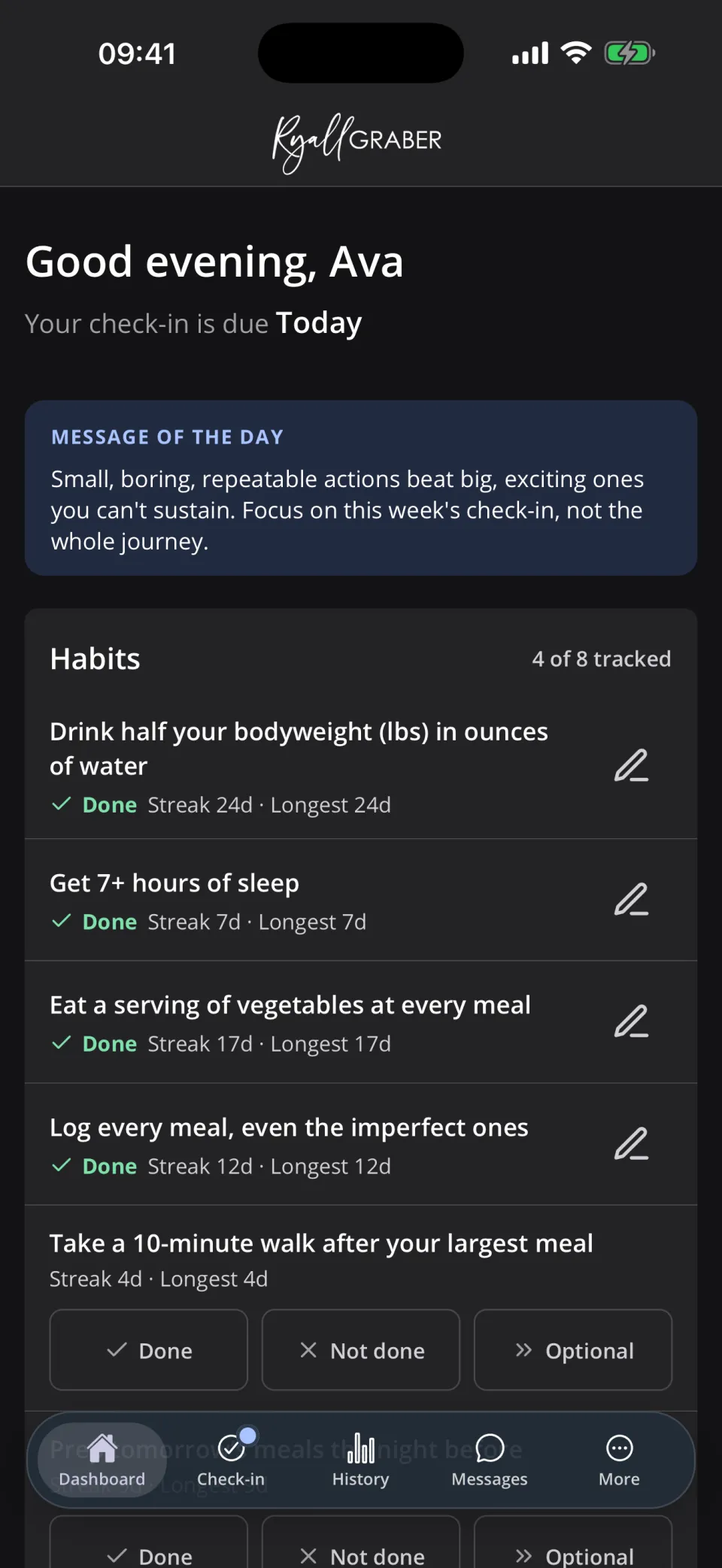 The client app carrying a coach’s own branding: Ryall Graber’s mark sits in the header where the Apotheo logo would otherwise be