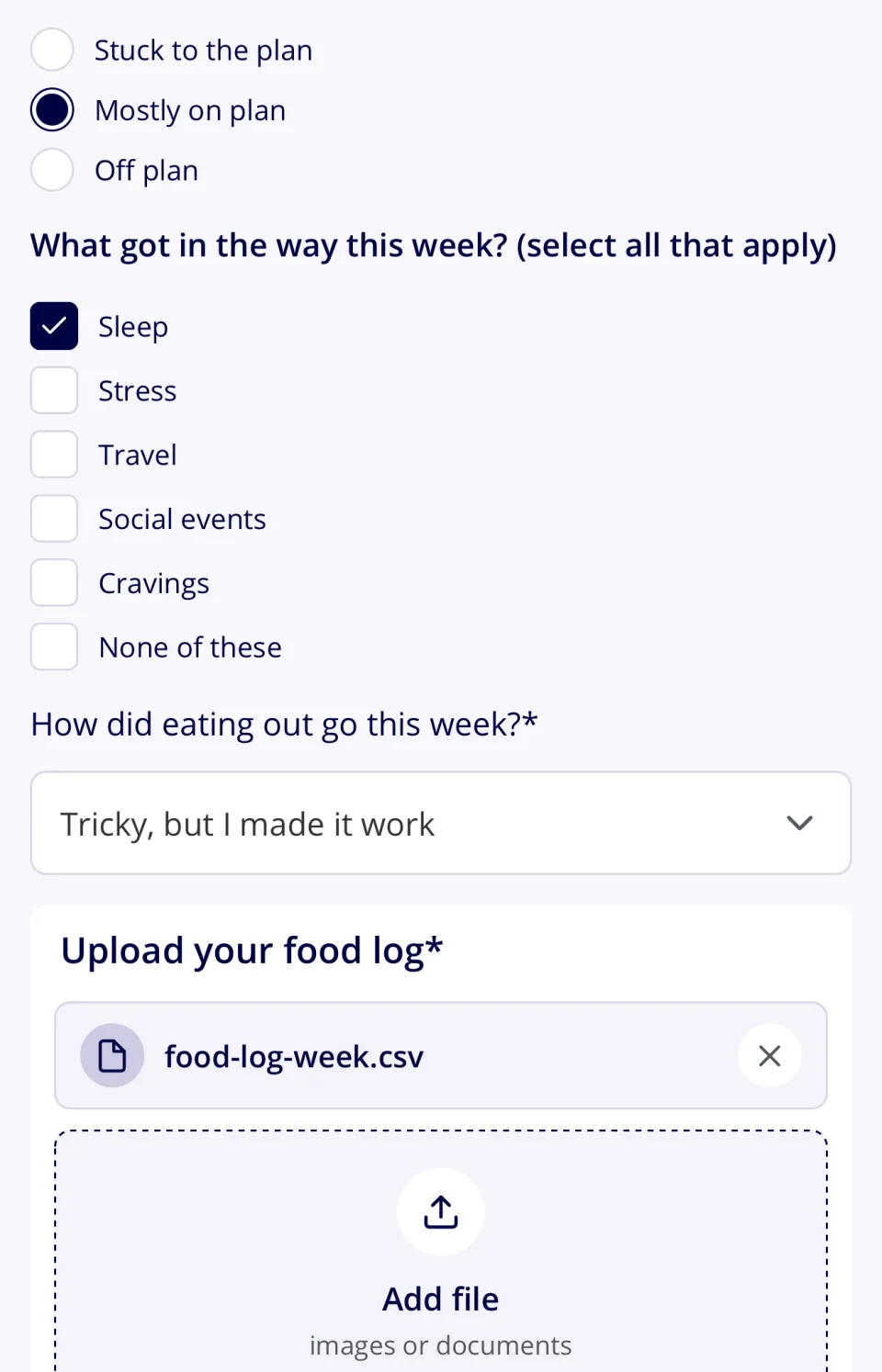 A client answering their check-in questions in the Apotheo app: how closely they stuck to the plan, what got in the way, how eating out went, and a file upload for their food log