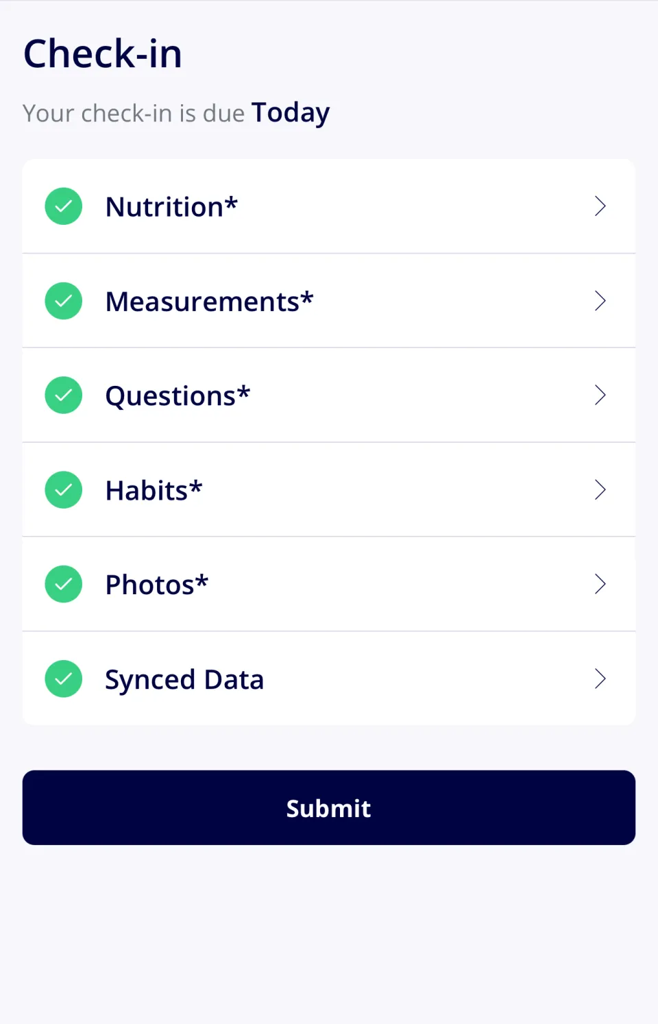 A client’s check-in in the Apotheo app with every section complete — nutrition, measurements, questions, habits, photos and synced data each ticked — and the Submit button ready