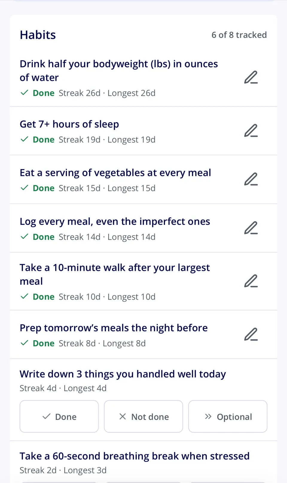 A client’s habits in the Apotheo app: six of eight tracked today, with running streaks beside each one — 26 days on water, 19 on sleep, 15 on vegetables