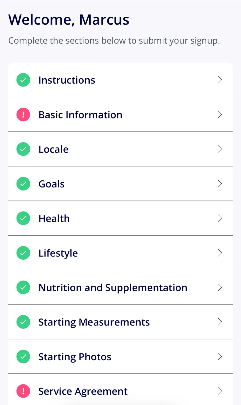 A new client’s signup in the Apotheo app, nearly done: instructions, locale, goals, health, lifestyle, nutrition, measurements and photos all ticked, with basic information and the service agreement still to complete