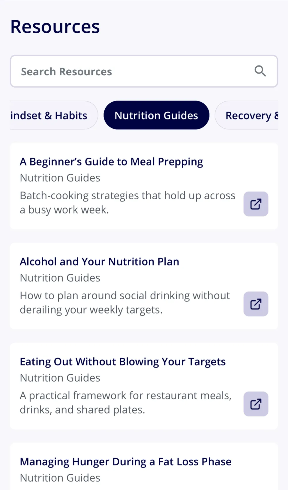 A client’s resource library in the Apotheo app, filtered to Nutrition Guides: searchable, with guides on meal prepping, drinking socially and eating out that their coach has shared