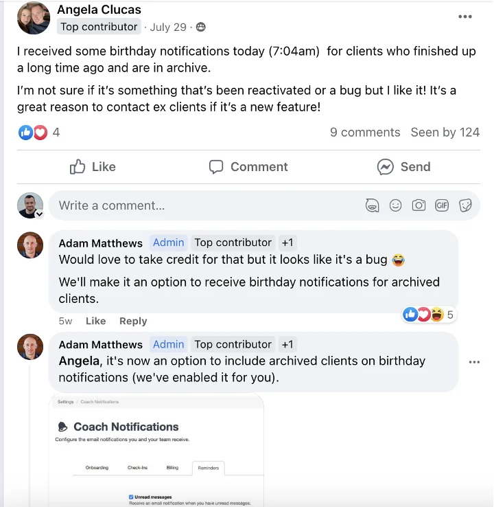 A support conversation about a coach-requested feature that became a favorite