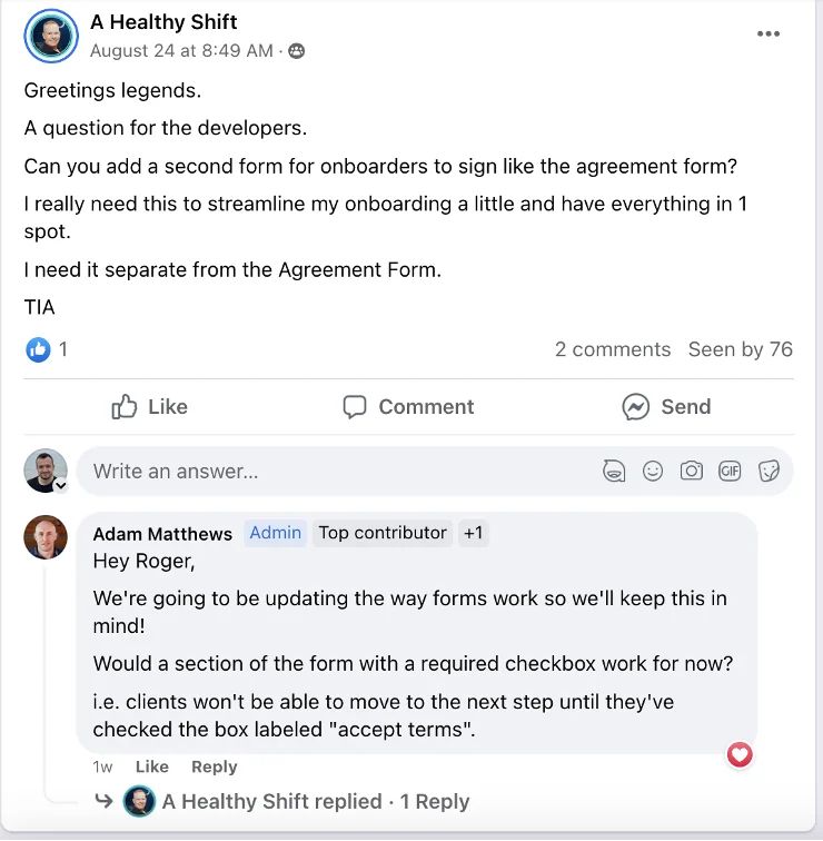A support conversation offering a workaround and recording a coach's feature request