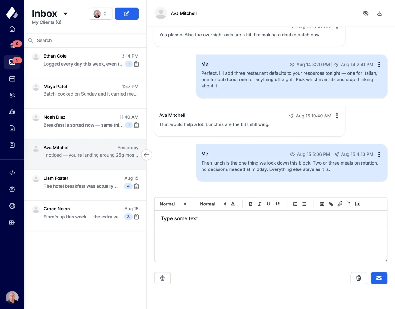 The Apotheo messaging inbox showing a client conversation with video, voice notes, and message composition tools